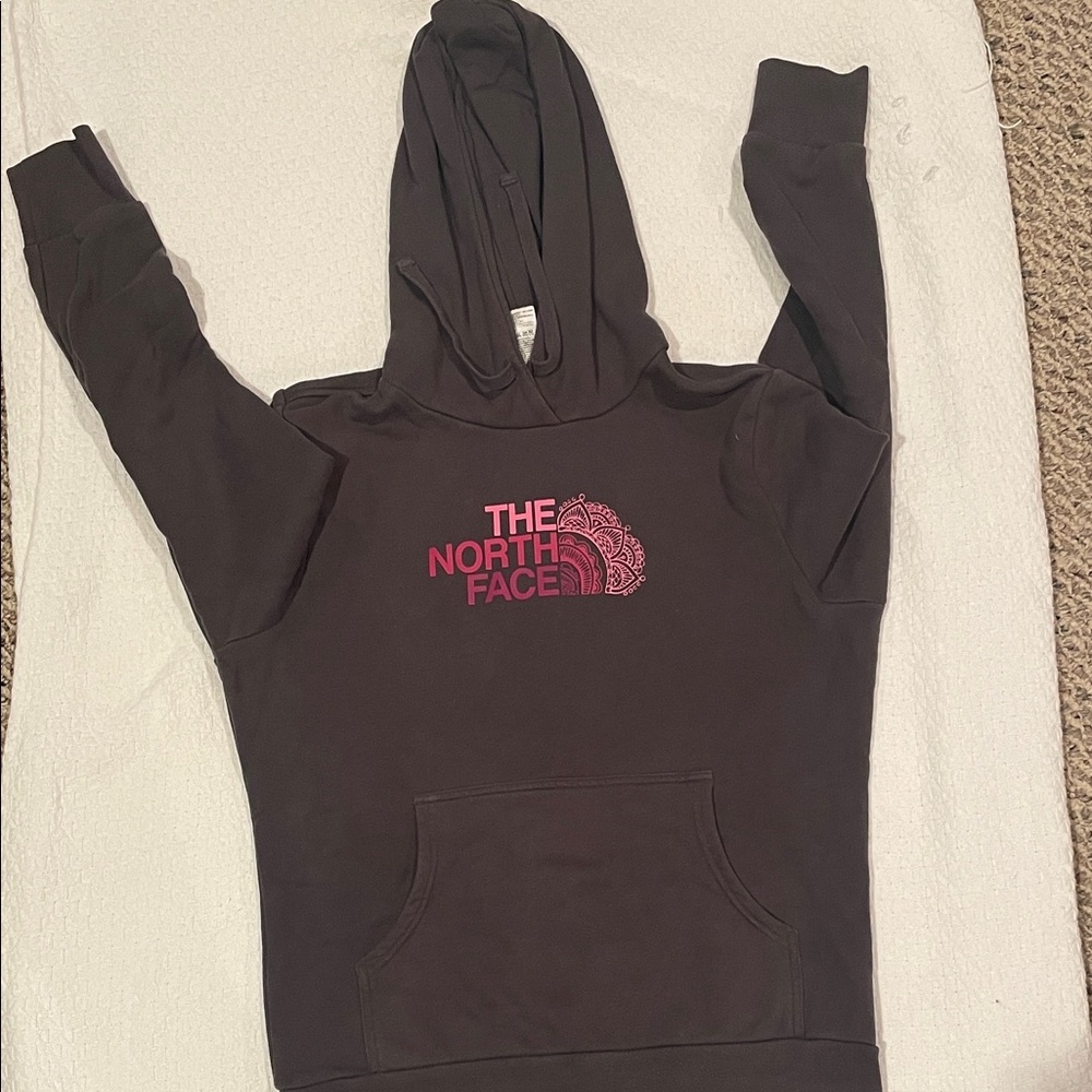 The North Face Charcoal Hoodie with Magenta Logo